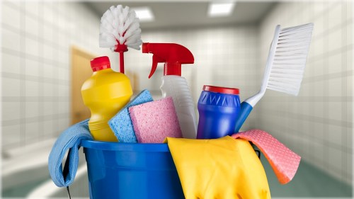 Carpet cleaner safety inspection with equipment and caution signs