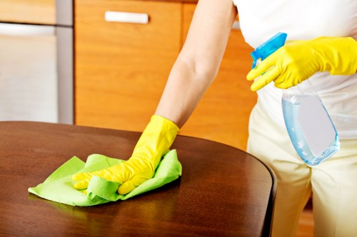 Cleaner maintaining stairwell and hallway areas in W8